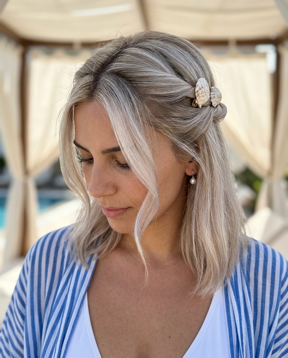 Half-Up Twist with Shell Clips for Summer 2026 long oyster shell blonde half-up twist with shell clips for beach vacation summer 2026