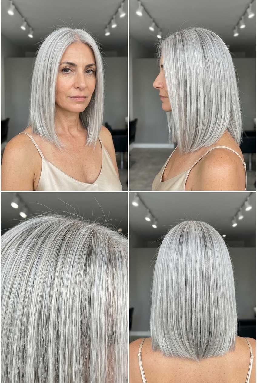 above-shoulder blunt lob haircut in oyster shell silver with pale ash and charcoal depth, side part — bold and chic