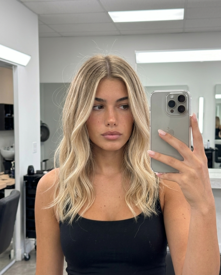 long pale champagne blonde ombre with creamy beige, soft gold, romantic mood
