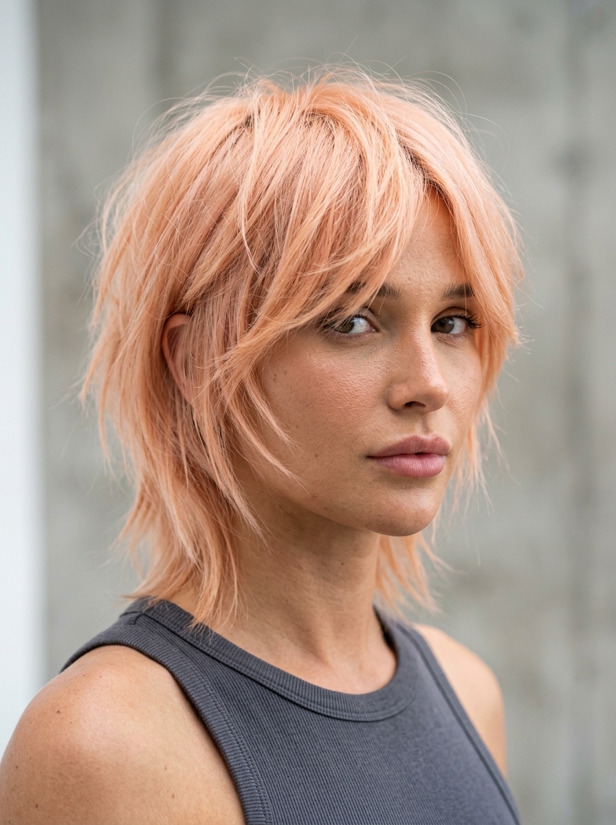 pastel apricot crush shag haircut with micro-fringe and razor-cut layers for summer