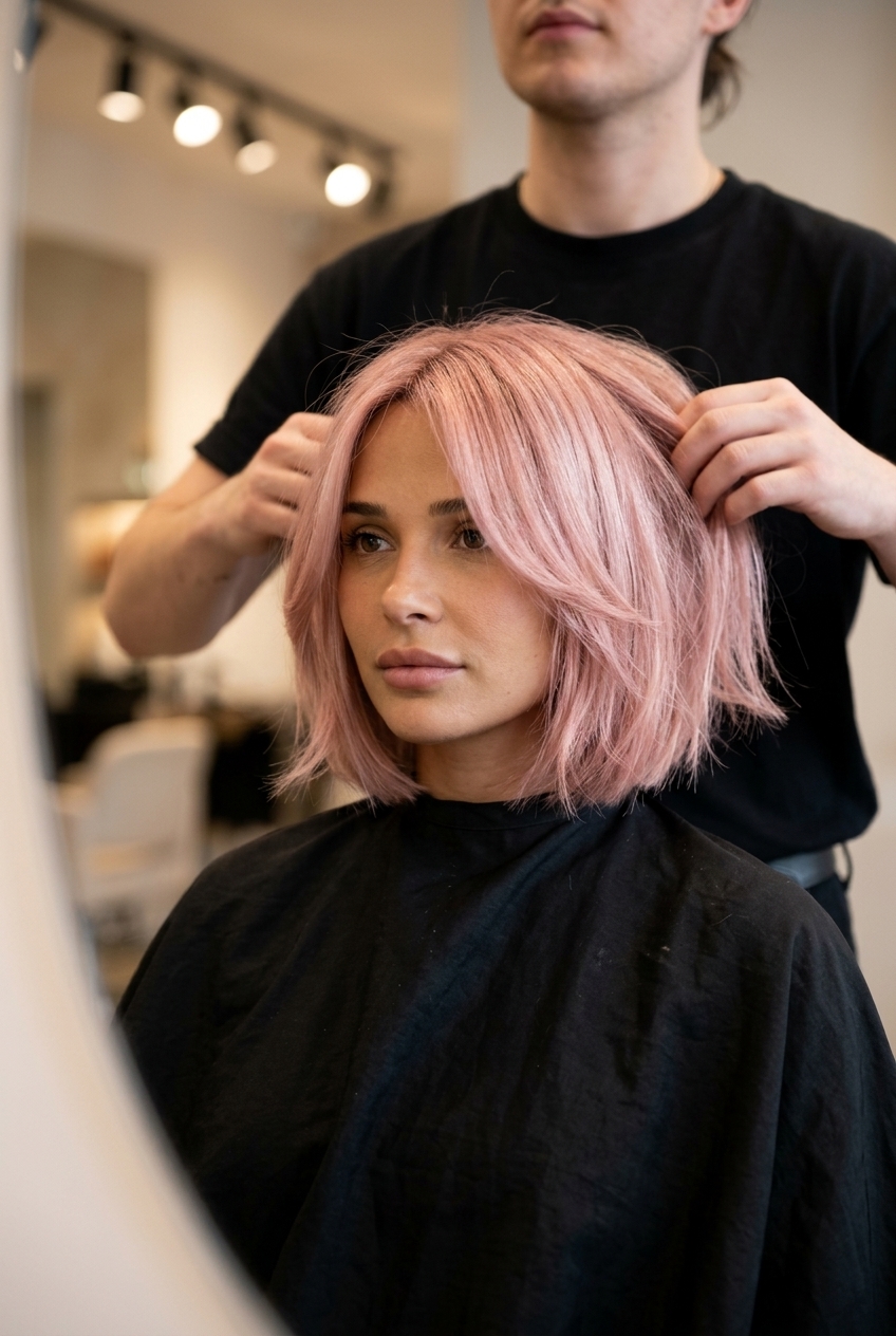 jawline-length textured bob haircut with translucent pastel pink, rose gold tones, wispy layers — romantic festival style