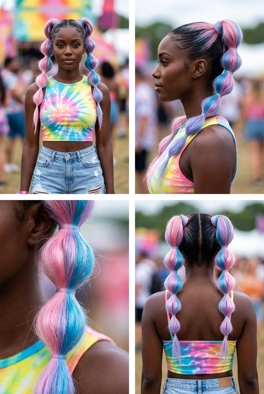 Festival Bubble Braids 2026 long pastel pink bubble braids with glitter, playful bubbles — playful youthful trendy