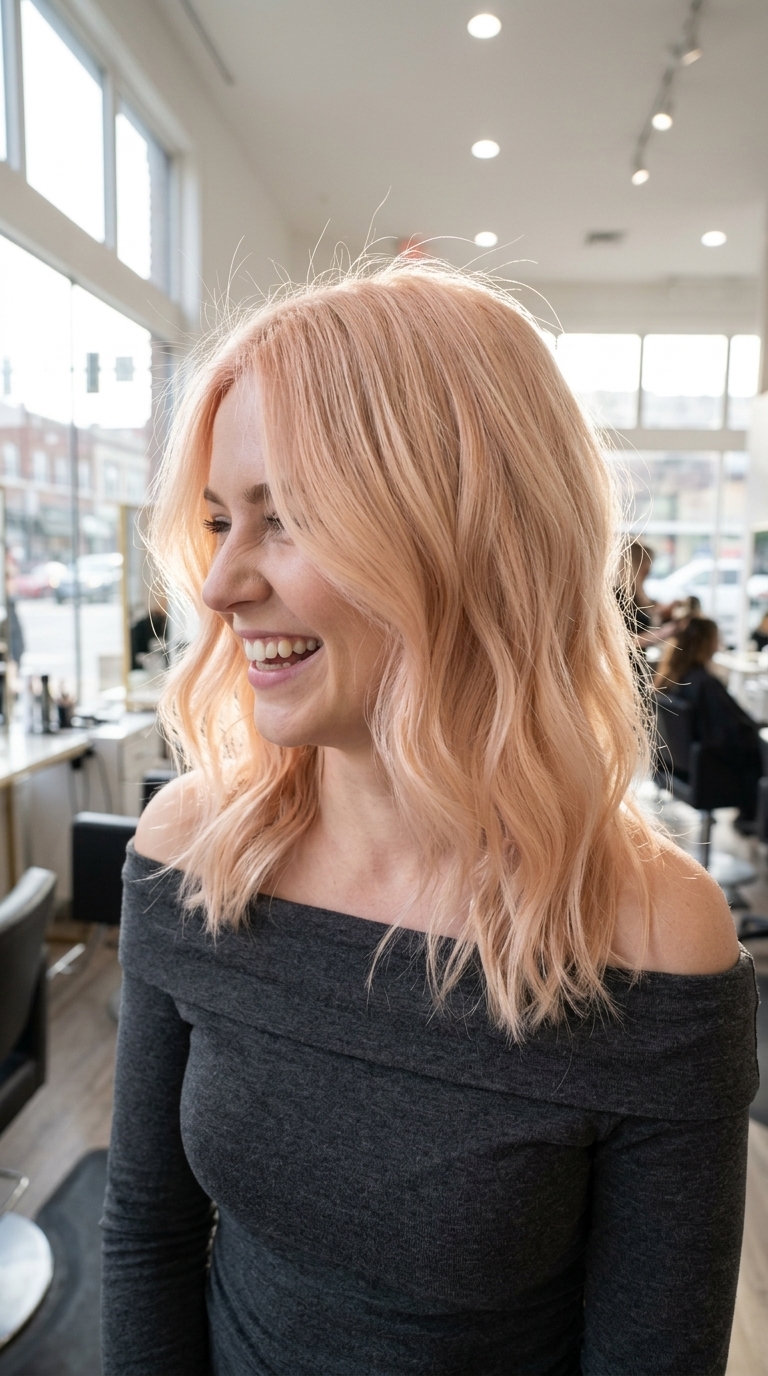long peach blonde hair color with diffused roots and airy layers for music festivals