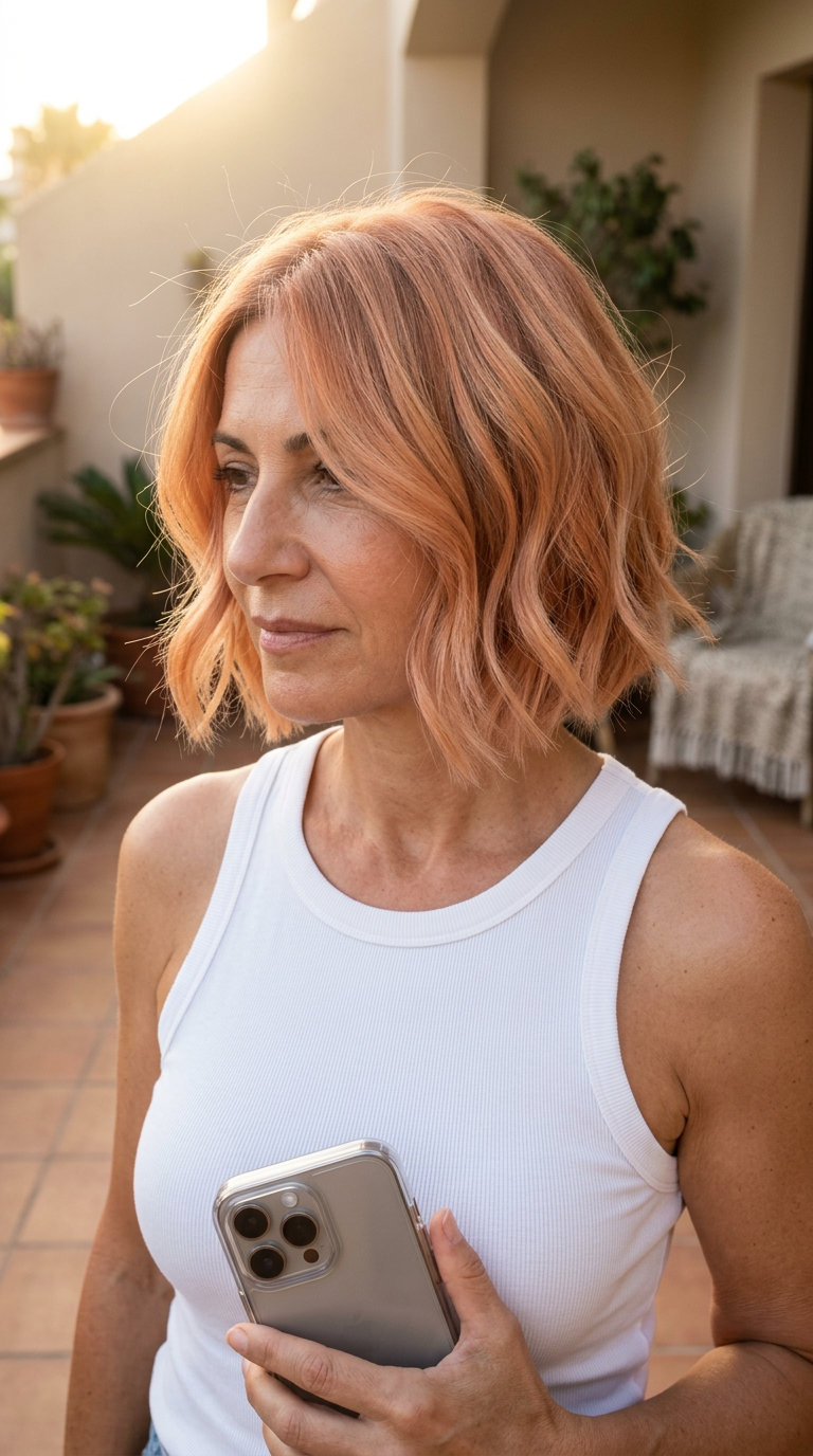 chin-length bob haircut in muted peach-copper with diffused edges and subtle internal layering for weekend brunch