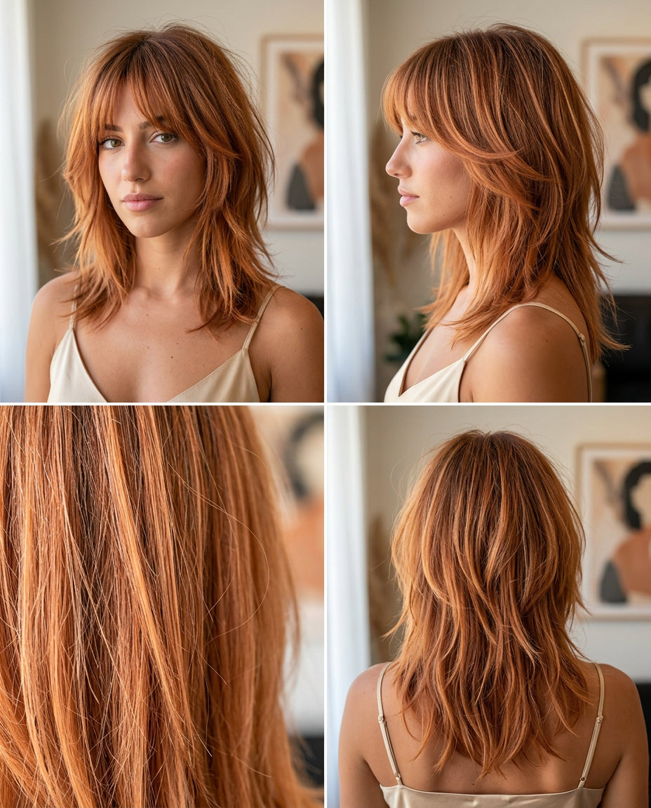 collarbone-length shag haircut in peach fuzz copper with Birkin bangs for playful weekends