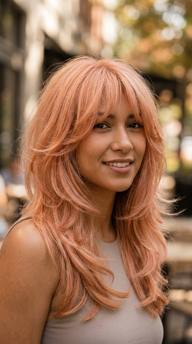 Tousled Peach Butterfly Cut with Feathered Bangs 2026 long peach copper butterfly cut with feathered bangs for romantic occasions