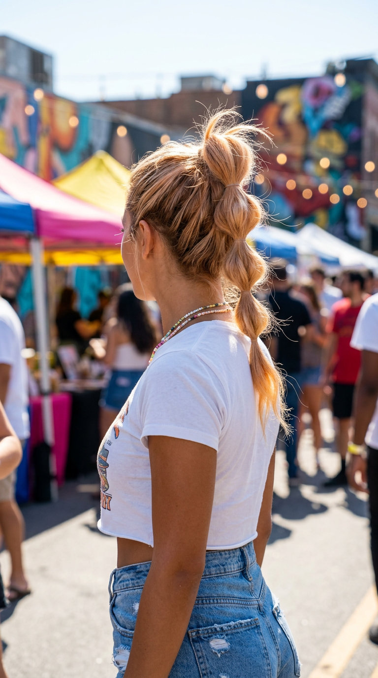 Festival Bubble Updo 2026 medium peach fuzz balayage bubble updo with soft apricot tones, segmented bubbles, no fringe — energetic festival style