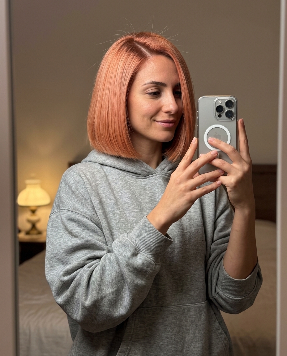 Peach Fuzz Summer Bob: Retro Glam chin-length blunt bob haircut in peach fuzz copper with rose-gold gloss for retro glam