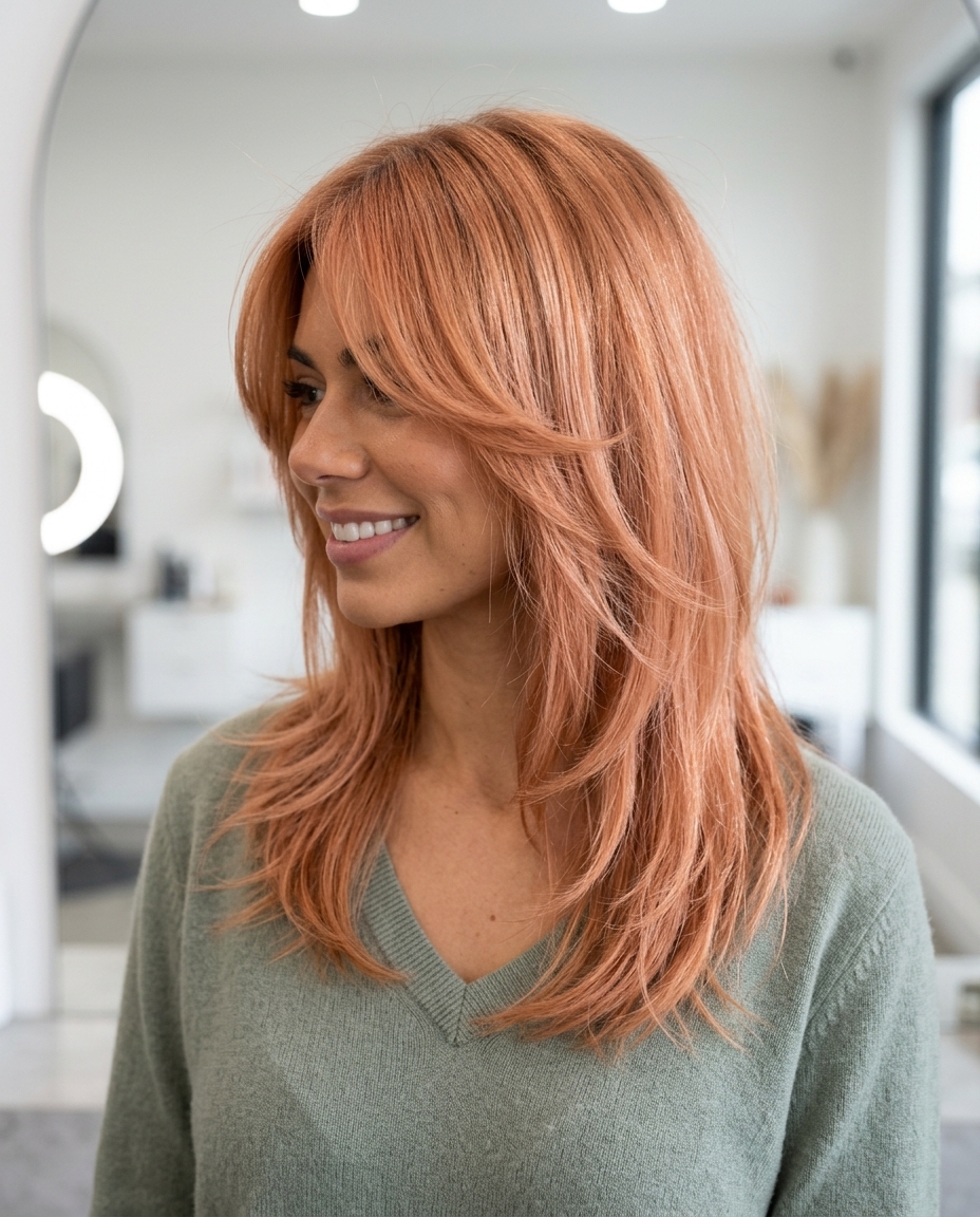Peach Fuzz Shag: Summer Haircut 2026 collarbone-length shag haircut in peach fuzz copper with choppy layers and curtain bangs for summer