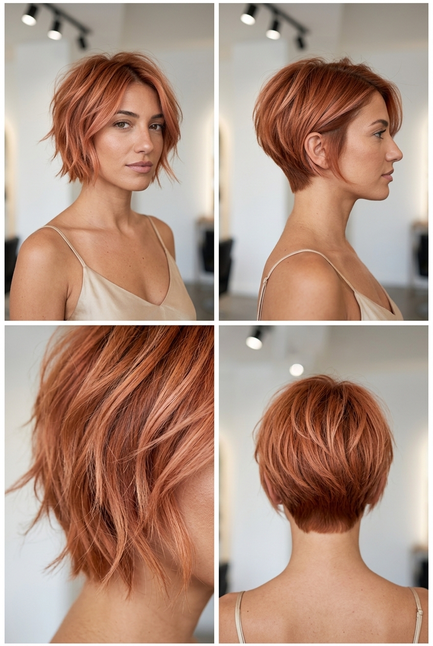 Peach Fuzz Textured Crop: Edgy Summer Style short textured crop haircut in pastel peach fuzz copper with rose gold accents for playful look