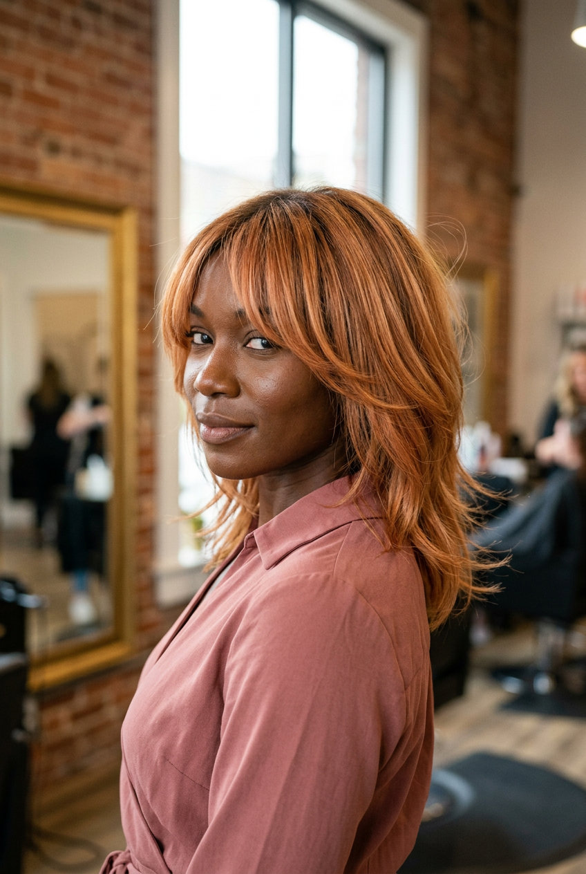 Playful Peach Fuzz Wolf Cut with Bottleneck Bangs 2026 shoulder-length wolf cut with peach fuzz copper, razored layers, and bottleneck bangs for summer 2026
