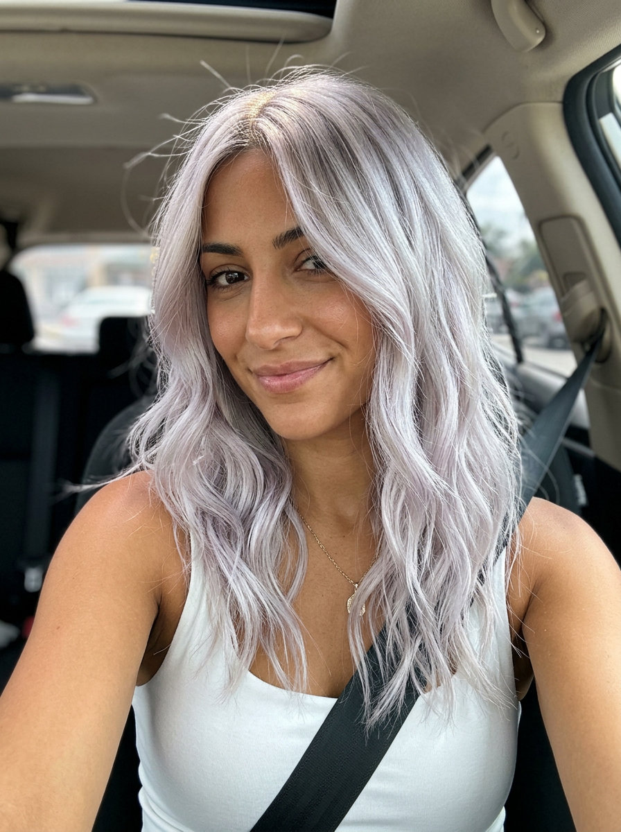long razored wavy haircut in cool pearl blonde with iridescent silver tones for formal events