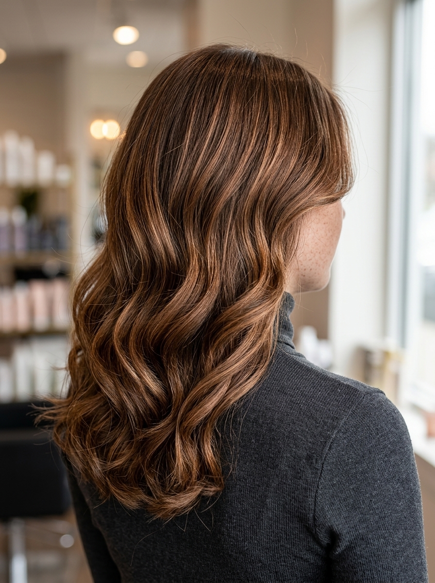 Pecan Bronde 2026: Rich Copper Lowlights long pecan bronde with copper-blonde lowlights and no fringe for evening events