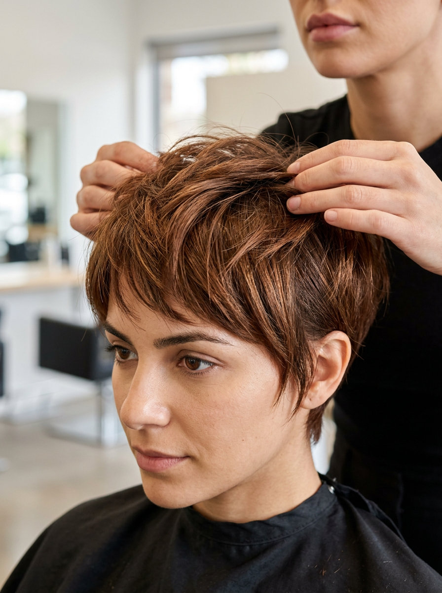 short pecan pie brown hair with copper warmth, razored edges, wispy fringe — playful pixie crop