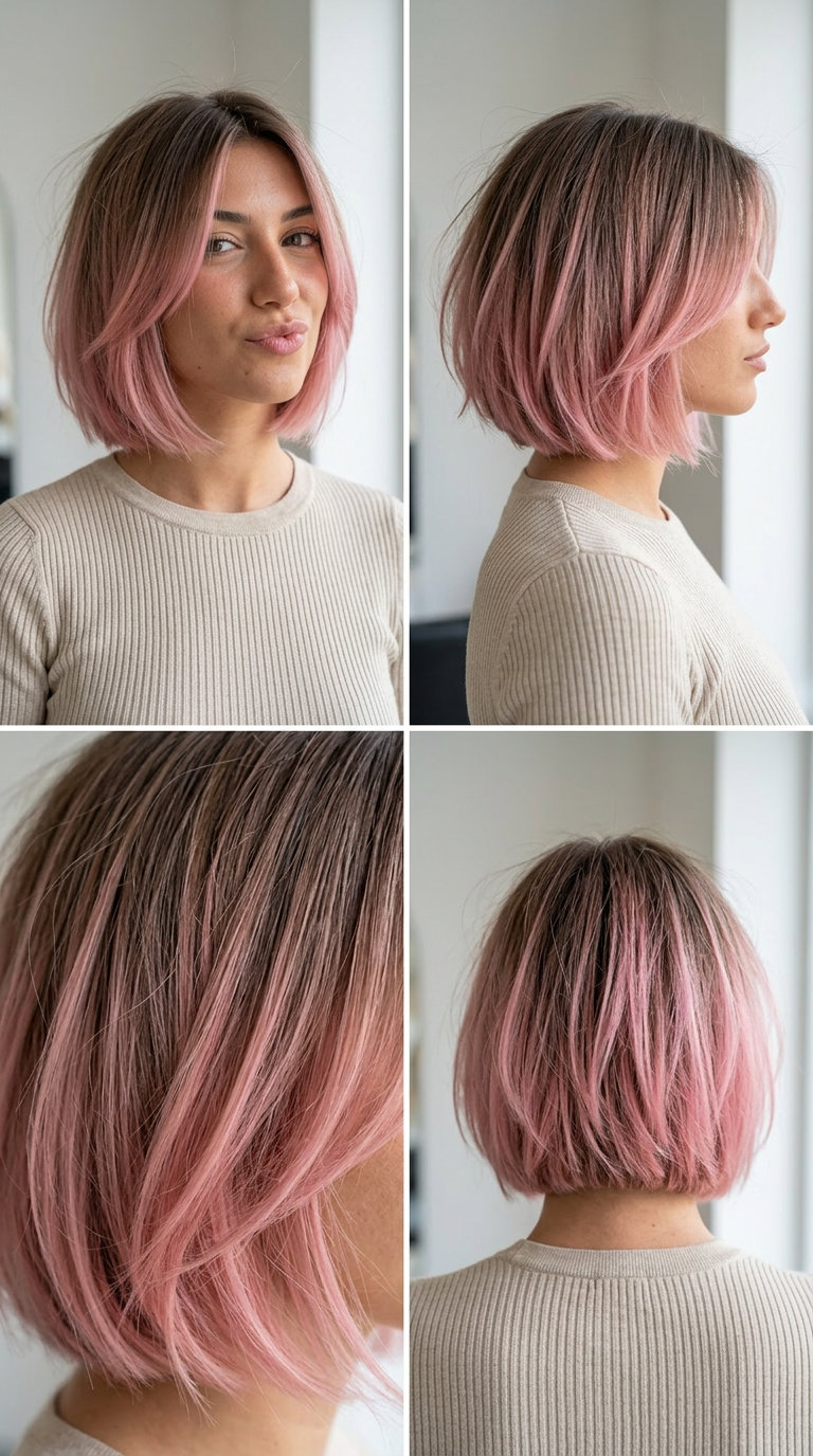 short french bob haircut with bubblegum pink ombré, diffused blend, face-framing layers — playful festival look