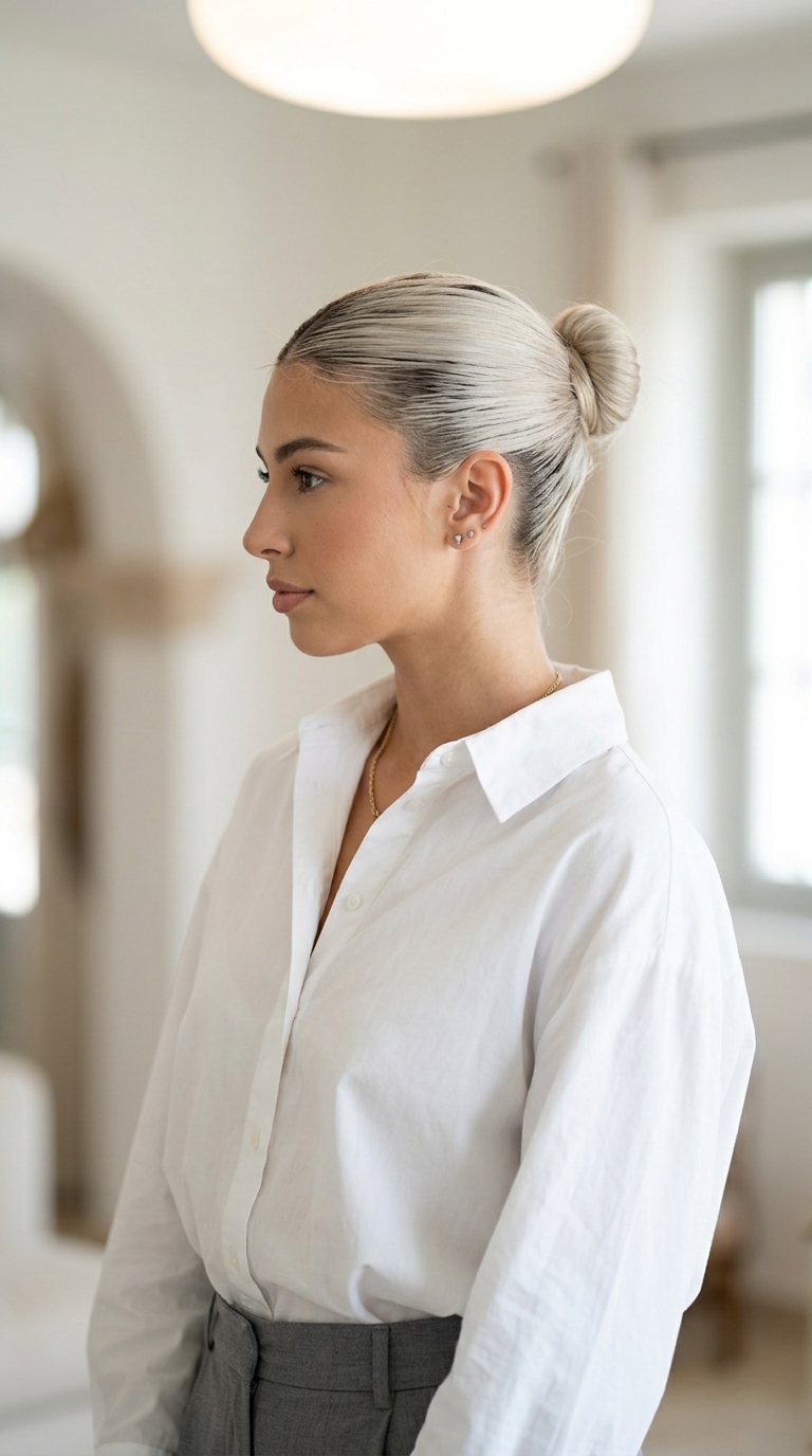 cool platinum blonde high bun with dark root smudge and sleek finish