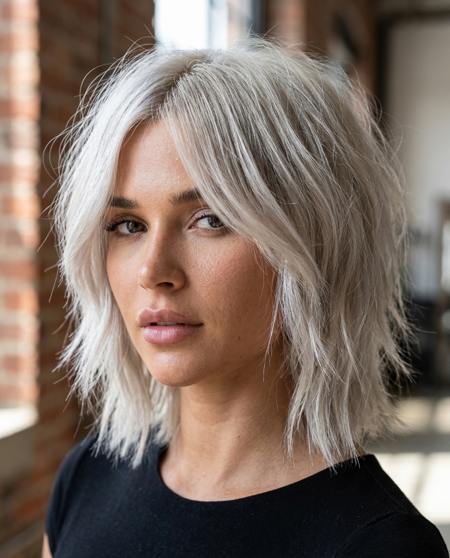 jaw-length shag bob haircut with icy platinum blonde, charcoal root shadow, and micro-fringe