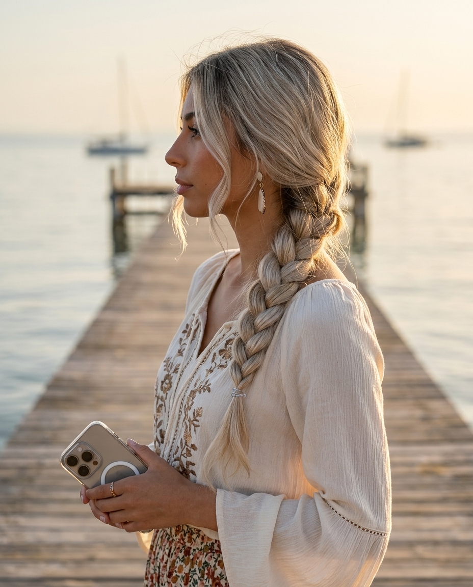 Boho Side Braid: Beach Vacation Hairstyles 2026 long cool platinum blonde side braid with wispy tendrils, bohemian beach day