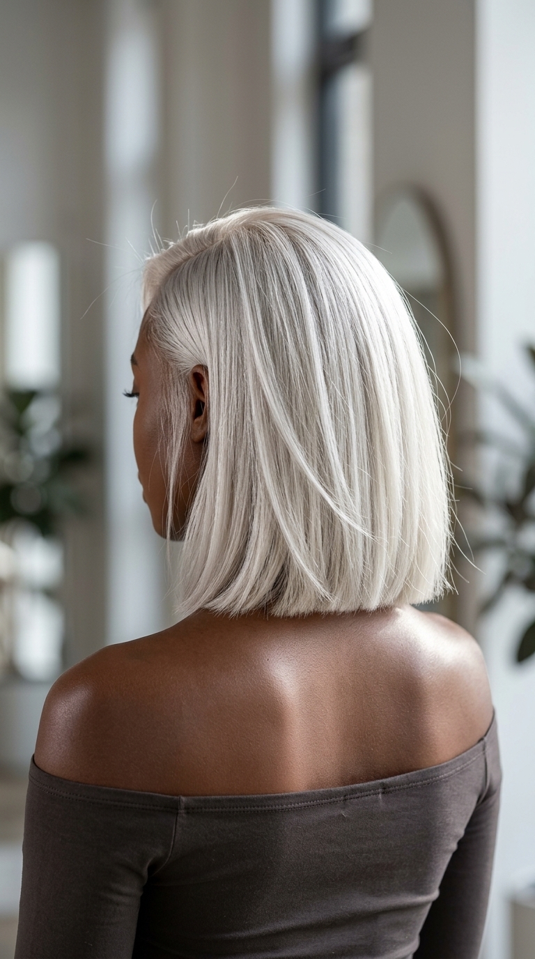 medium lob haircut in platinum blonde with silver undertones, razored layers, no bangs — icy & bold