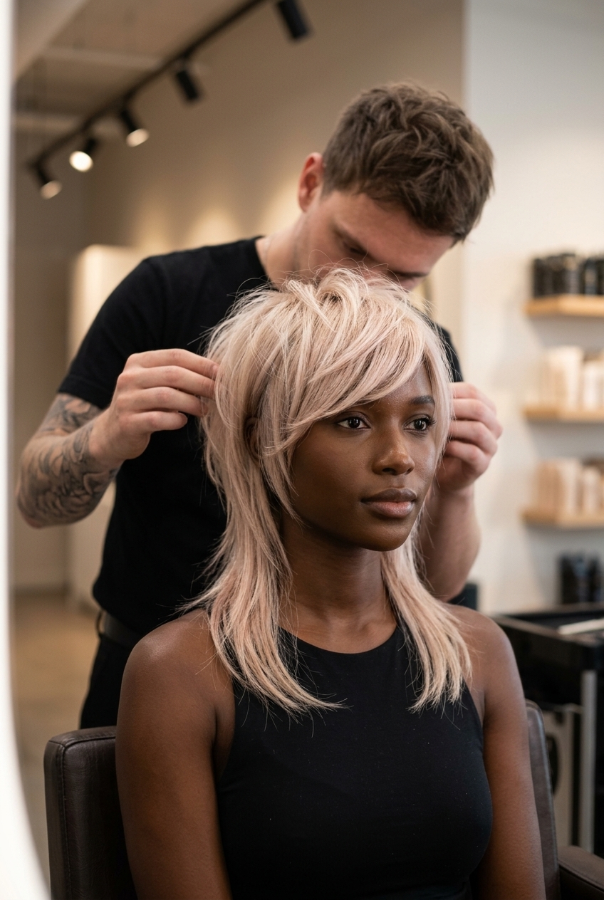 modern mullet haircut in champagne pop platinum blonde with tapered sides and long razored back for music festival