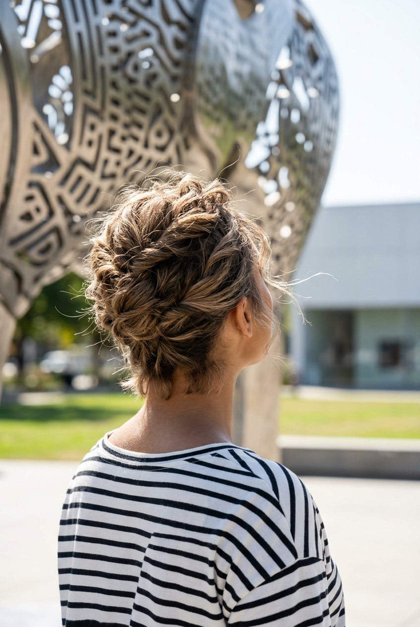 Textured Crop Updo 2026 short textured pinned crop updo with platinum blonde cool ash tones, pinned sections, face-framing pieces — edgy