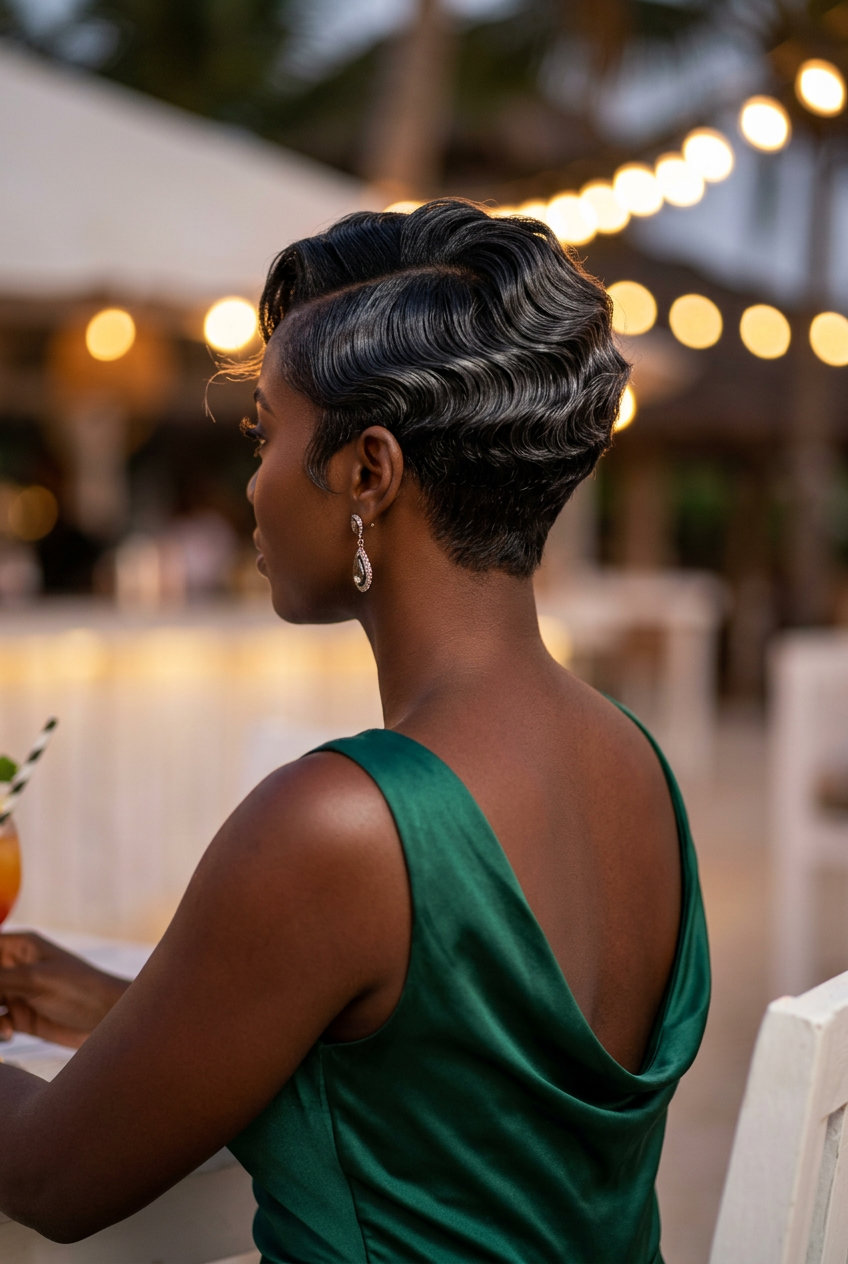 short natural pixie haircut with finger waves in platinum blonde for summer