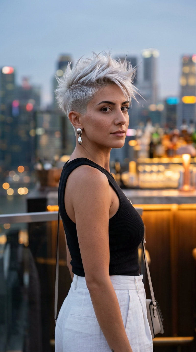 short platinum blonde pixie haircut with spiked texture and undercut for summer