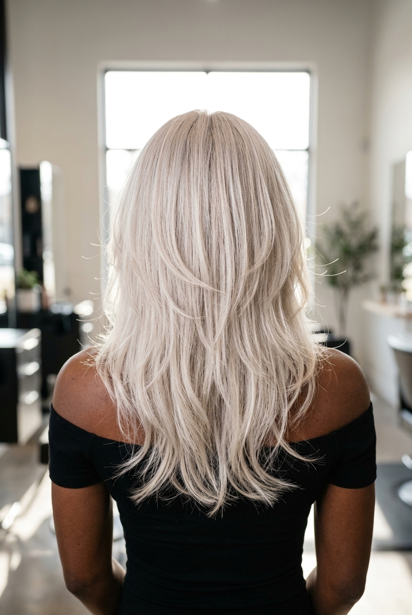 shoulder-grazing flowy butterfly haircut in icy platinum blonde with pearl finish, razored layers, no fringe — romantic edgy style