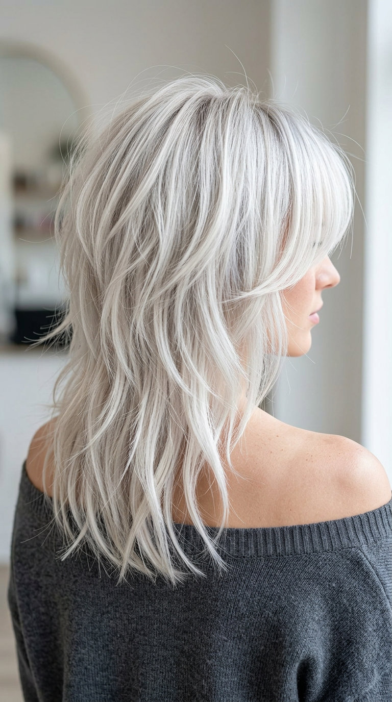 bright platinum blonde shag haircut with bottleneck bangs and razored layers for summer