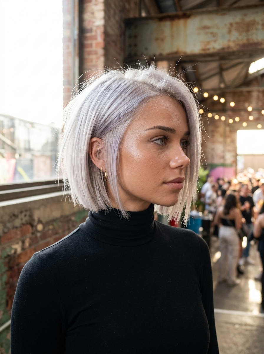 chin-length italian bob haircut with icy platinum blonde and silver undertones for edgy style