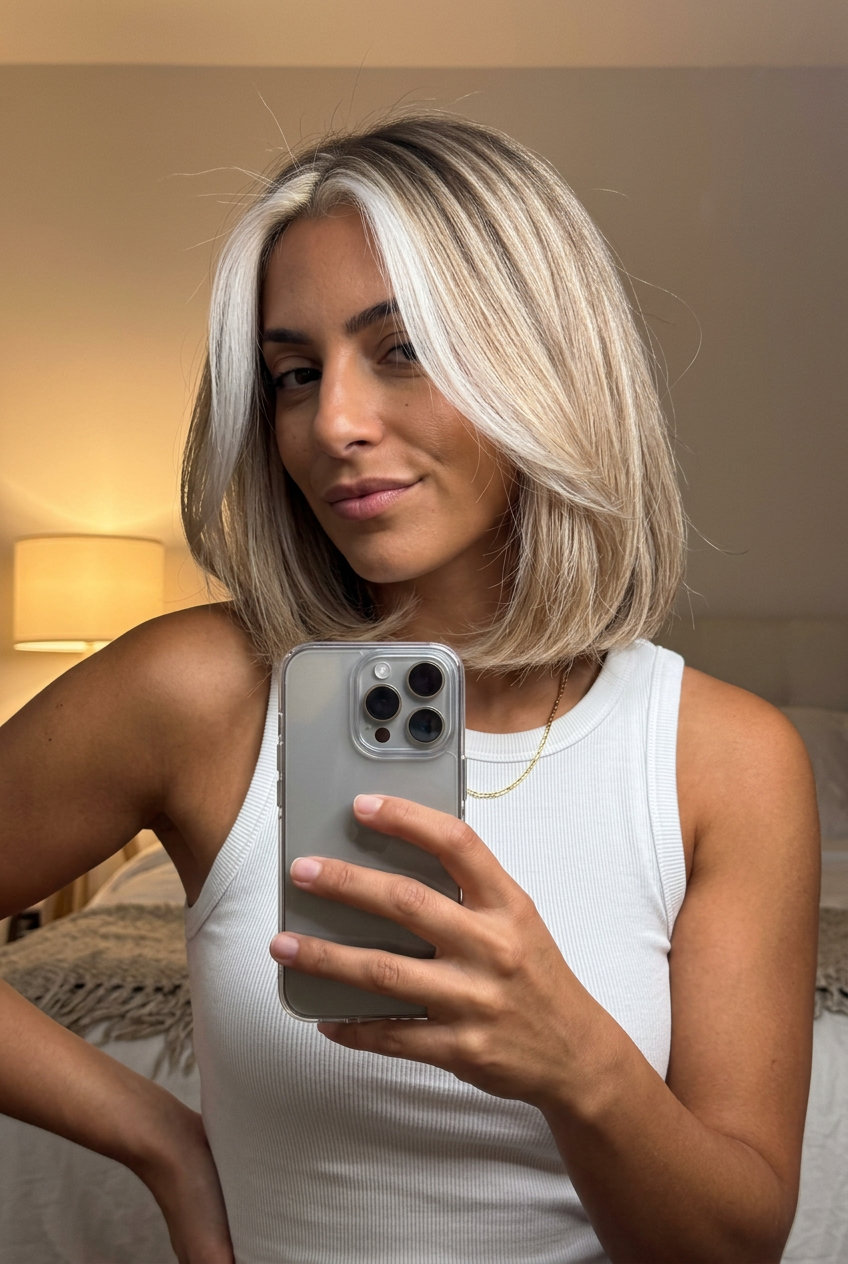 long straight platinum blonde money piece balayage with air touch