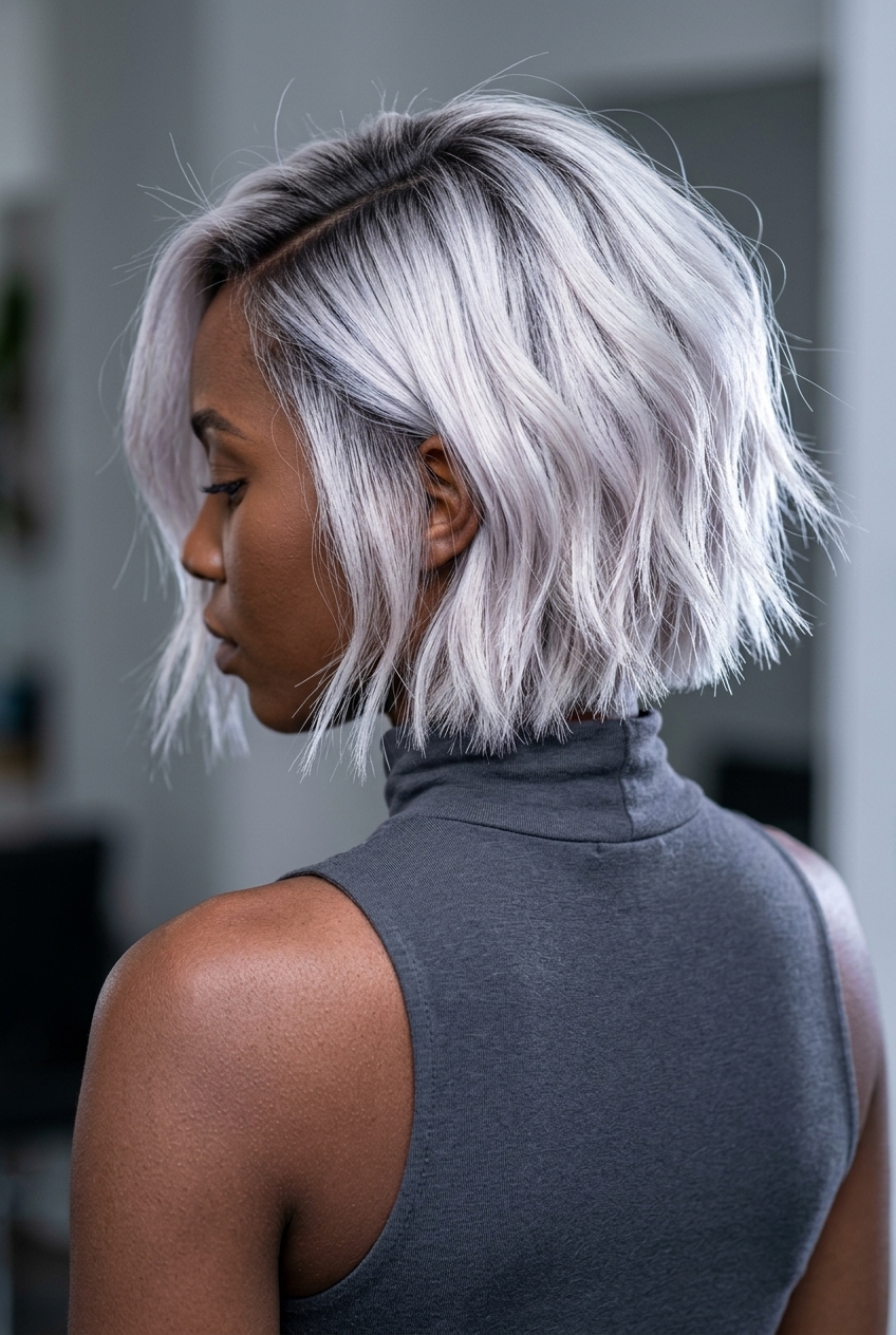 short razor bob haircut in icy platinum blonde with charcoal root, shattered ends, side part — edgy modern style