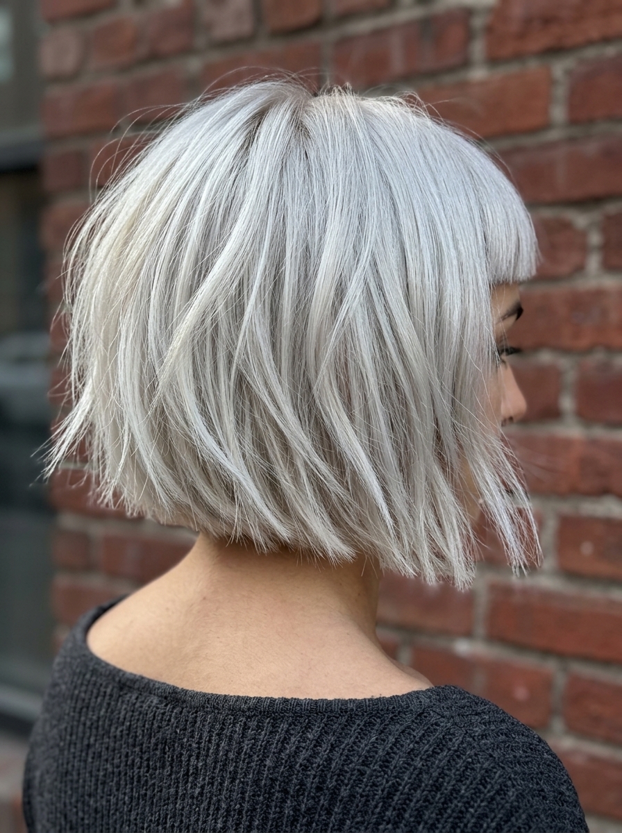 short french bob haircut with icy platinum blonde, choppy layers, micro-bangs — edgy festival style