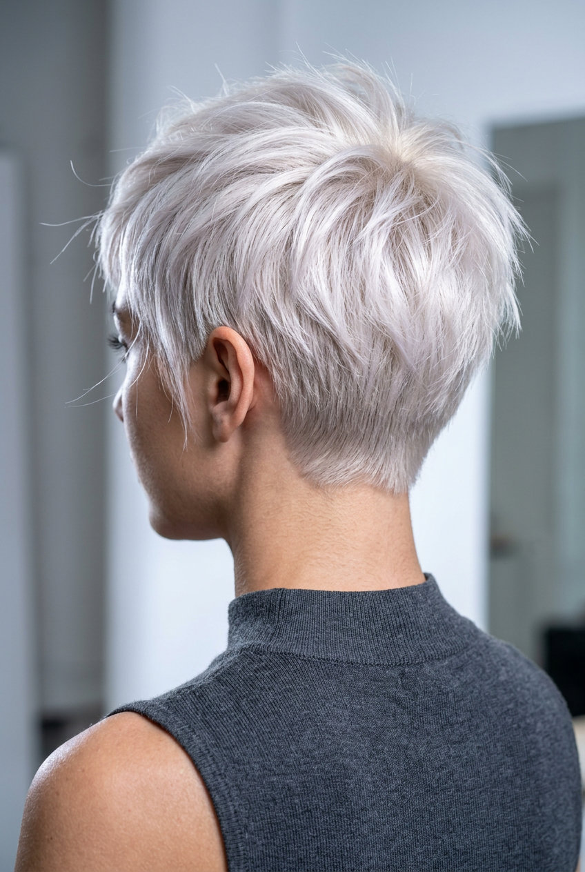 short pixie cut with platinum pearl blonde, razored texture, edgy mood for summer