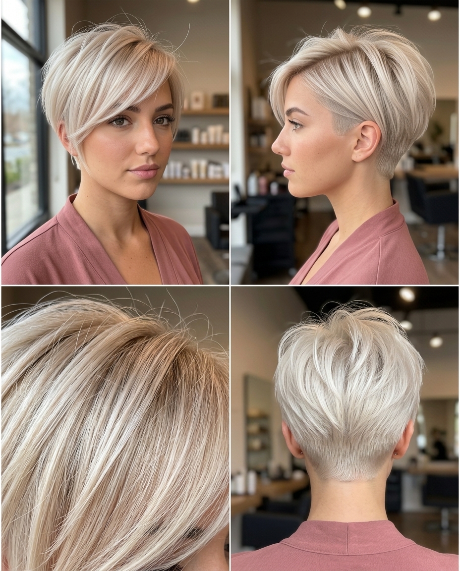 short pixie haircut with champagne pop platinum blonde, razored texture, side-swept fringe — edgy summer style