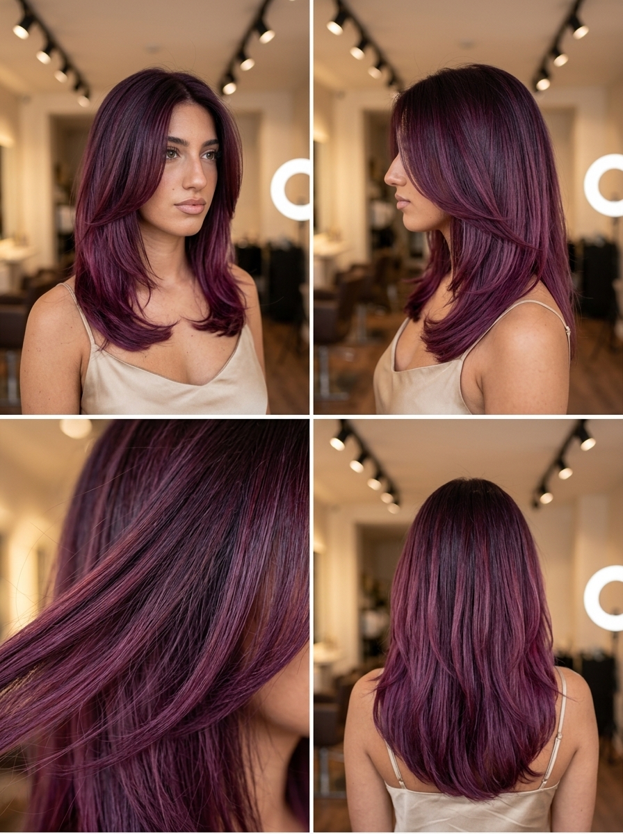 medium plum color melt with deep plum to berry-violet, reverse balayage/color melt, no fringe — romantic formal event