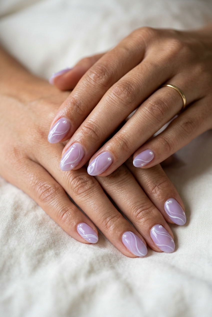 June Nails: Lavender Jelly Swirls Pearls 2026 Lavender jelly swirls with micro pearls nails for festivals 2026. Whimsical, dreamy oval nails with delicate art.