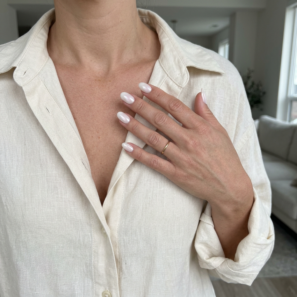 June Nails 2026: Milky White Pearl Aura for Clean-Girl Style Milky White Pearl Aura nails: trendy June nails for summer 2026, clean-girl aesthetic for weddings & daily wear.