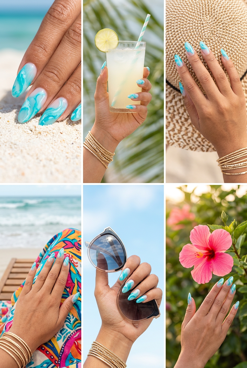 June Nails: Aqua Blue Marble Negative Space 2026 Aqua blue marble negative space nails for date night 2026. Abstract, edgy coffin nails with clear accents.