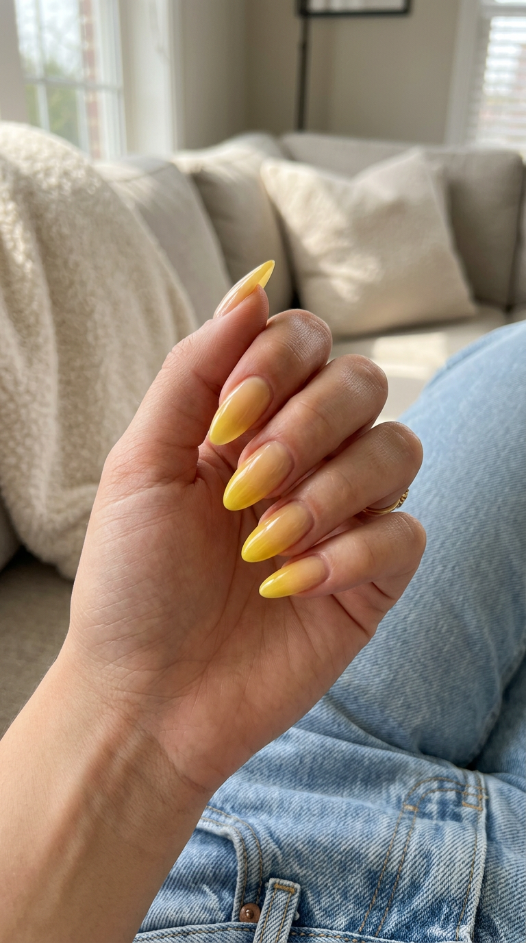 June Nails: Butter Yellow Jelly Ombre 2026 Butter yellow jelly ombre nails for vacation 2026. Playful, cheerful medium oval nails with glossy gradient.