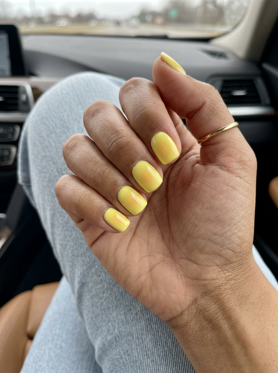 June Nails: Butter Yellow Aura 2026 Butter yellow aura square nails for casual wear 2026. Playful, modern nails with diffused gradient effect.