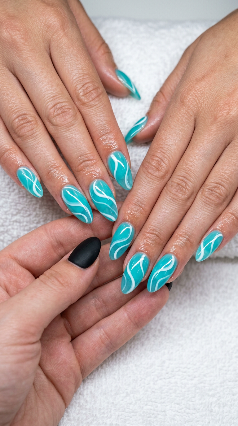 June Nails: Aqua Jelly Swirls 2026 Aqua jelly swirl nails for summer 2026. Bohemian, artistic almond nails with transparent aqua & white art.