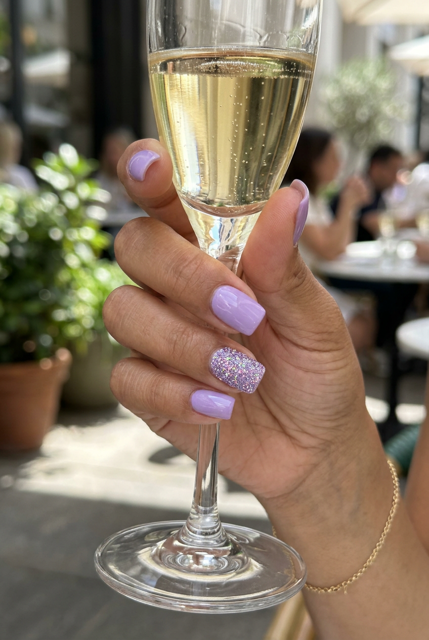 June Nails: Lavender Glitter Accent 2026 Lavender glitter accent nails for parties 2026. Glamorous, sparkly square nails with holographic glitter.