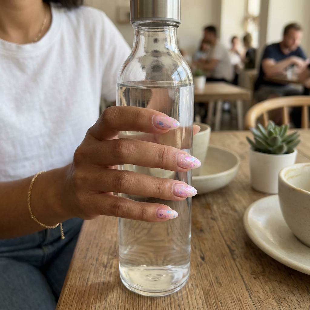 June Nails: Iridescent Chrome Foil 2026 Iridescent chrome foil flakes almond nails for festivals 2026. Futuristic, glamorous nails with shifting colors.