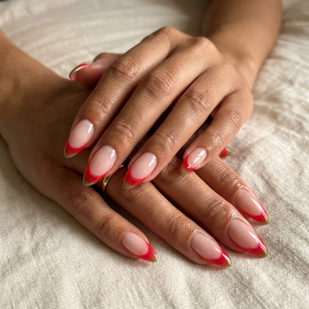 Watermelon Jelly French Nails 2026: Vacation Style Watermelon Jelly French nails: sheer nude with translucent red and green tips for vacation fun.