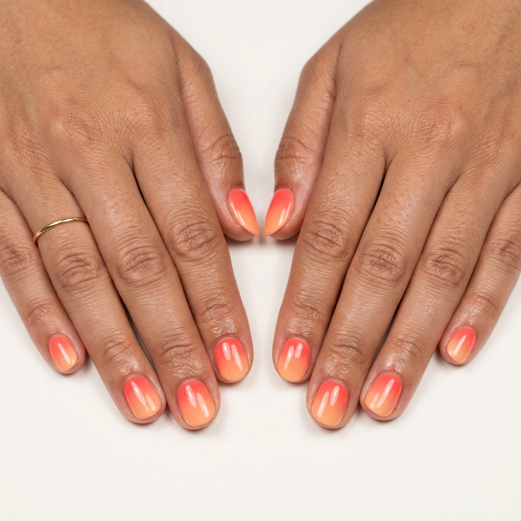 Sunset Coral Ombre Nails 2026 | Date Night Style Short round summer nails 2026: Sunset Coral Ombre Gloss for date night and casual outings.