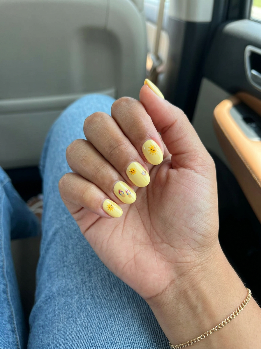 Short oval summer nails 2026: Butter yellow gel with cute summer decals for a playful vacation look.