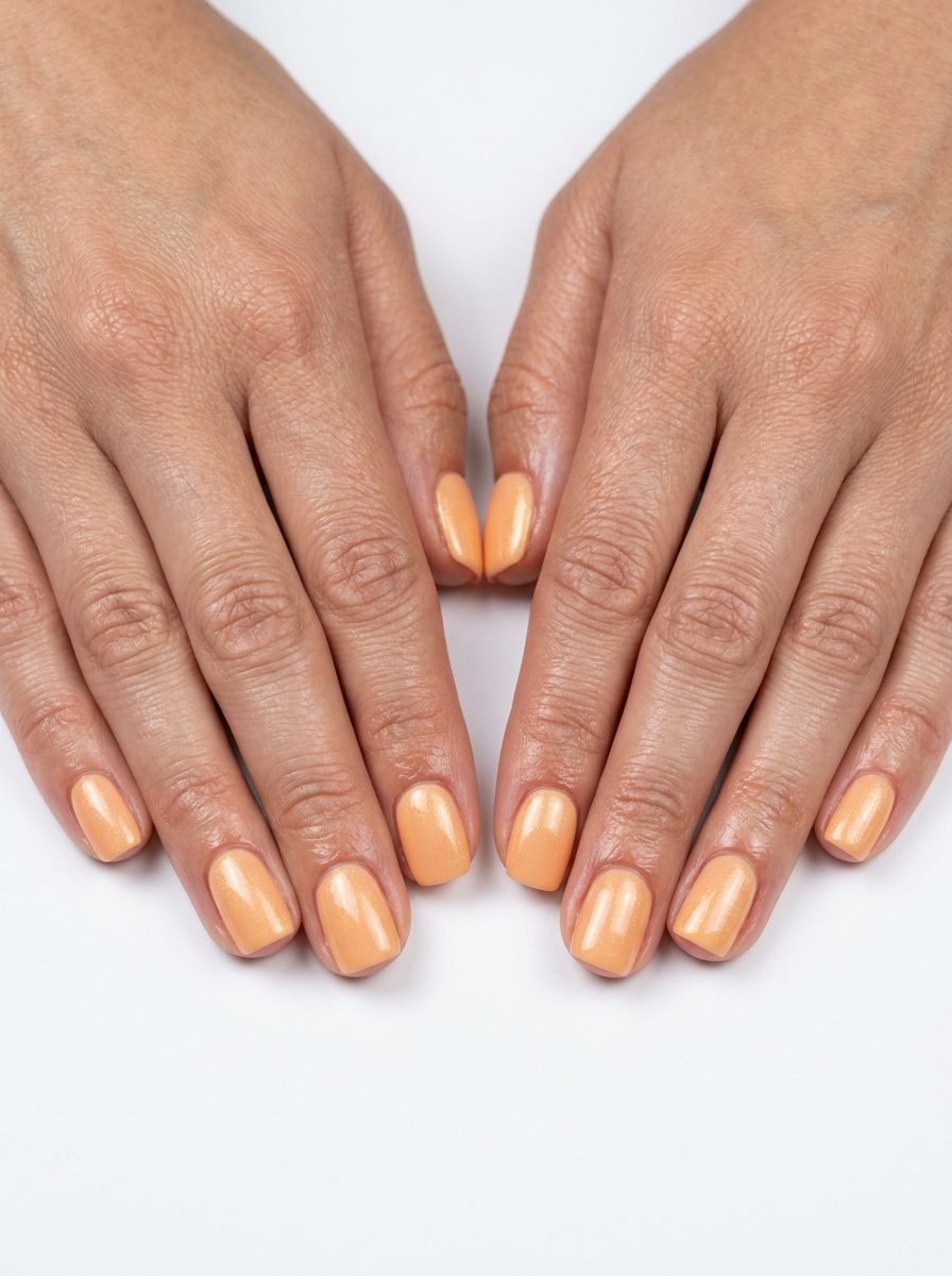 Peach Shimmer Nails 2026: Effortless Daily Glow Sun-Kissed Peach Shimmer short square nails for daily wear and casual brunch. Solid summer nails 2026.