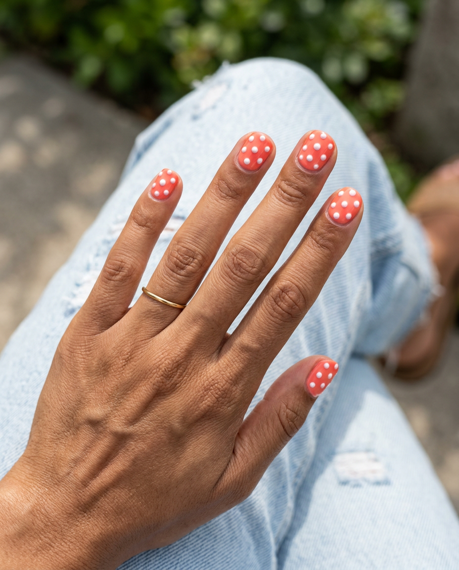 Textured Coral Dots Nails 2026: Playful Summer Style Textured coral dots on medium square nails for casual summer days in 2026. Playful, vibrant.