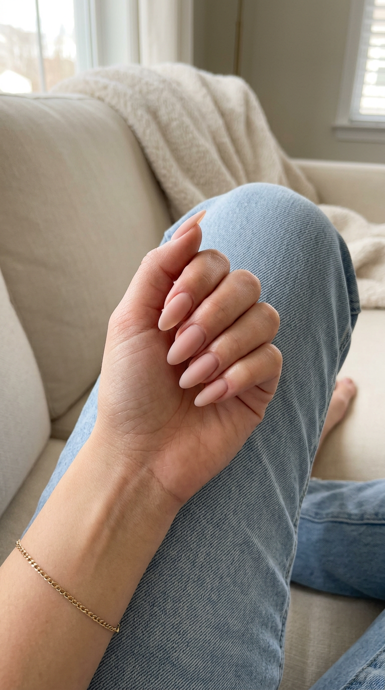 Sophisticated sheer pink matte almond nails for formal events. Simple summer acrylic nail designs 2026.